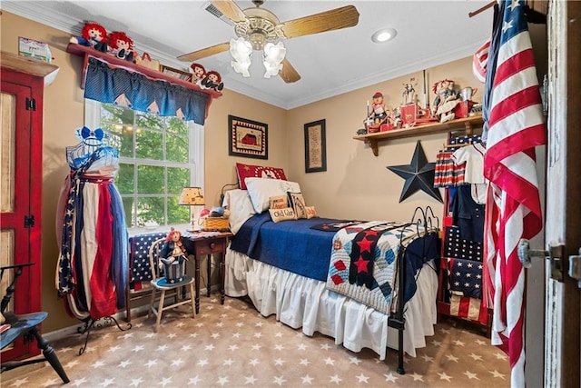 200 NE Oak Tree Cir, Lees Summit, MO 64086 - bedroom with ornamental molding, carpet, recessed lighting, and a ceiling fan