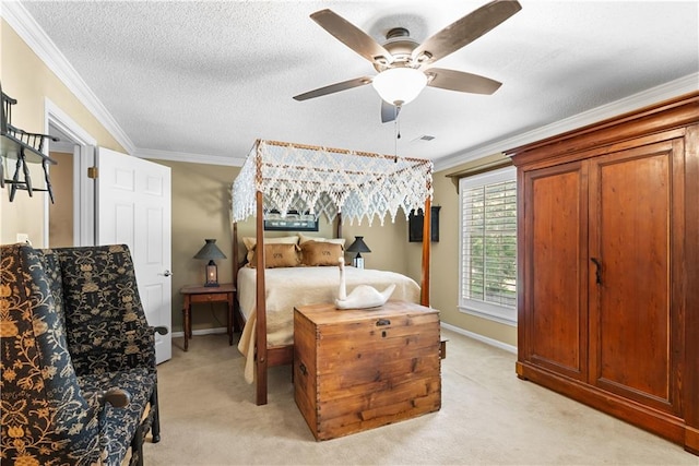 200 NE Oak Tree Cir, Lees Summit, MO 64086 - bedroom featuring light carpet, crown molding, a textured ceiling, and ceiling fan