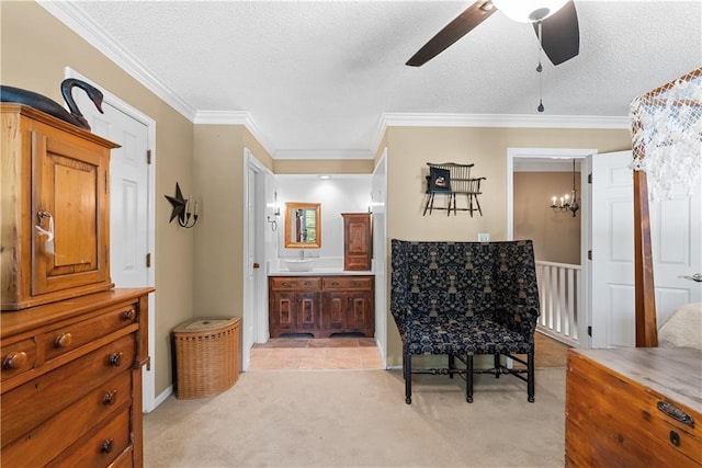 200 NE Oak Tree Cir, Lees Summit, MO 64086 - sitting room featuring ceiling fan, light carpet, crown molding, a textured ceiling, and a chandelier