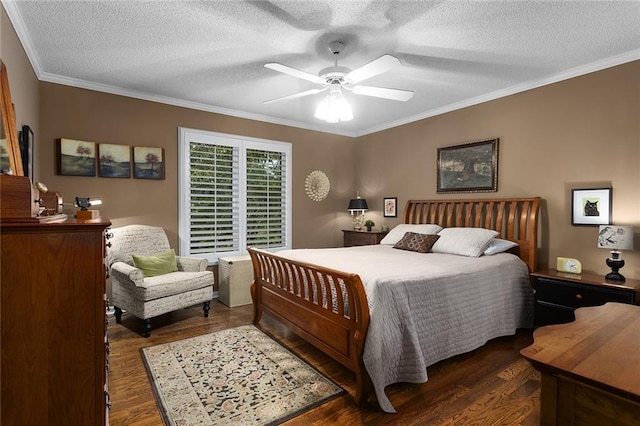 5817 Park Cir, Shawnee, KS 66216 - bedroom with a textured ceiling, dark wood finished floors, crown molding, and ceiling fan