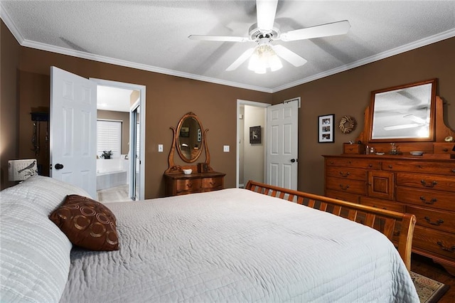 5817 Park Cir, Shawnee, KS 66216 - bedroom with ornamental molding, connected bathroom, ceiling fan, a textured ceiling, and wood finished floors