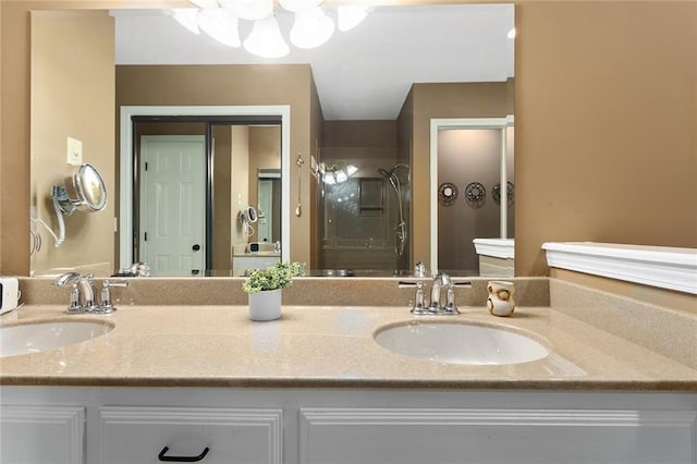 5817 Park Cir, Shawnee, KS 66216 - bathroom with double vanity and a stall shower
