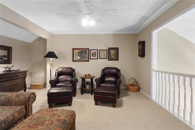 5817 Park Cir, Shawnee, KS 66216 - living area with a ceiling fan, carpet, and ornamental molding