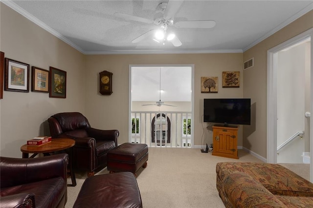 5817 Park Cir, Shawnee, KS 66216 - living area featuring ceiling fan, light carpet, and ornamental molding