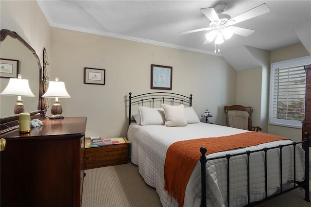 5817 Park Cir, Shawnee, KS 66216 - carpeted bedroom with ornamental molding, a ceiling fan, and a textured ceiling
