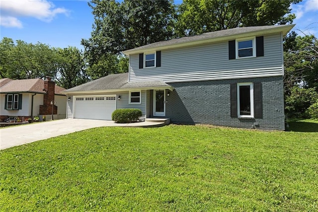 7421 NW 76th Ter, Kansas City, MO 64152 - view of front of property with driveway, a front lawn, brick siding, and an attached garage