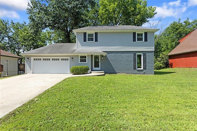 7421 NW 76th Ter, Kansas City, MO 64152 - view of front of property with a garage, driveway, a front yard, and brick siding