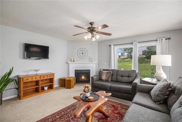 9583 N Main St, Kansas City, MO 64155 - carpeted living area with a ceiling fan, a glass covered fireplace, and a textured ceiling