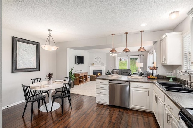 9583 N Main St, Kansas City, MO 64155 - kitchen featuring stainless steel appliances, a peninsula, dark wood-style floors, a textured ceiling, and a warm lit fireplace
