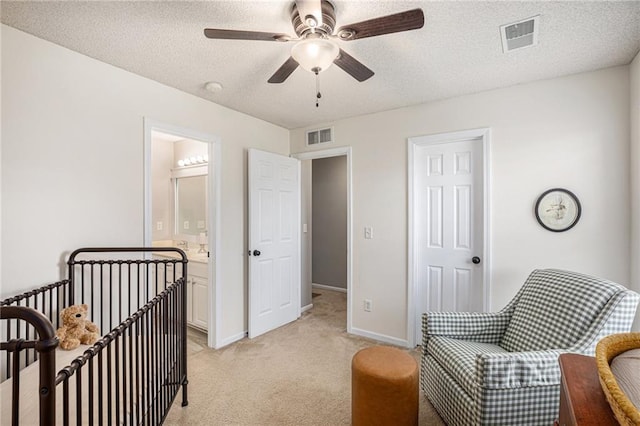 9583 N Main St, Kansas City, MO 64155 - bedroom with light carpet, a textured ceiling, and ceiling fan