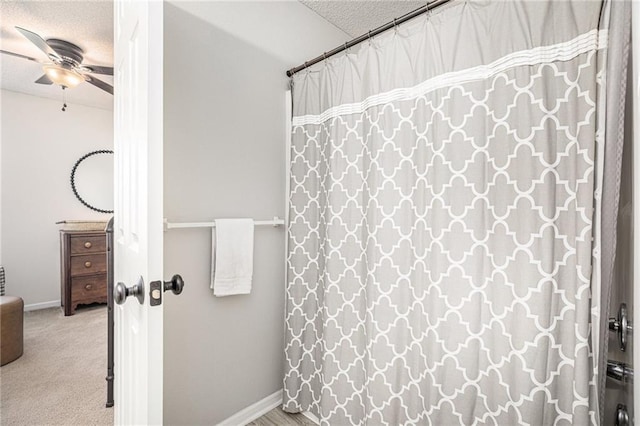 9583 N Main St, Kansas City, MO 64155 - full bath featuring a textured ceiling, a ceiling fan, and a shower with curtain
