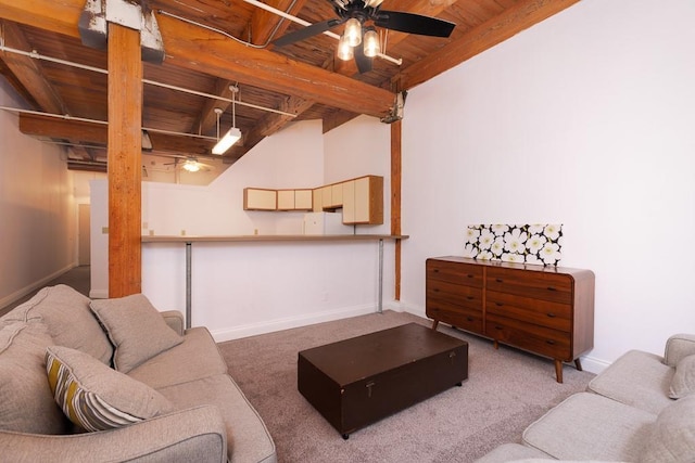 308 W 8th St Unit 409, Kansas City, MO 64105 - carpeted living area with wooden ceiling and ceiling fan