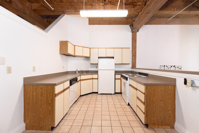308 W 8th St Unit 409, Kansas City, MO 64105 - kitchen featuring white appliances, a wood ceiling with exposed beams, dark countertops, a peninsula, and light tile patterned floors