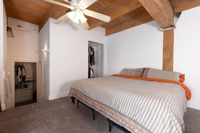 308 W 8th St Unit 409, Kansas City, MO 64105 - bedroom with a wood ceiling with exposed beams, carpet, a closet, and ceiling fan