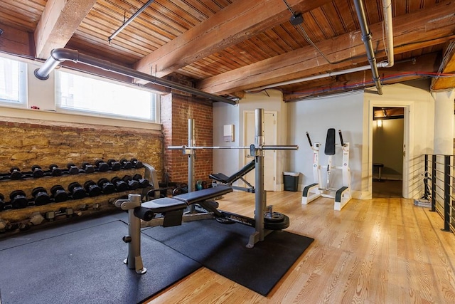 308 W 8th St Unit 409, Kansas City, MO 64105 - workout area with wood finished floors and wooden ceiling