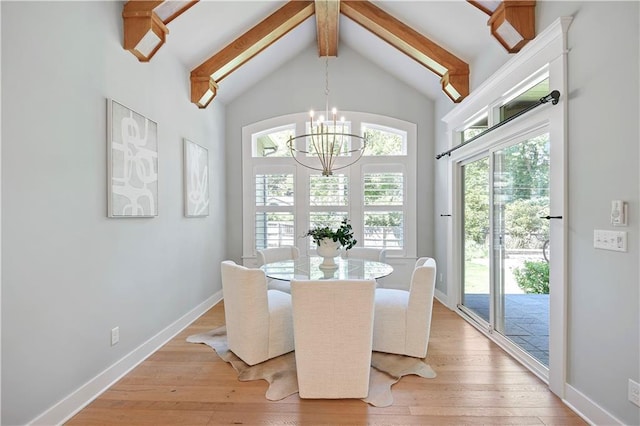 2210 W 73rd St, Prairie Village, KS 66208 - dining space with beam ceiling, light wood finished floors, a chandelier, and high vaulted ceiling