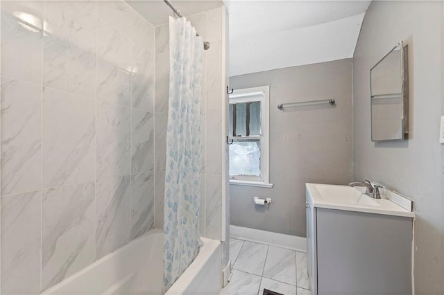 3544 College Ave, Kansas City, MO 64128 - full bath featuring marble finish floors, vanity, and shower / bath combo