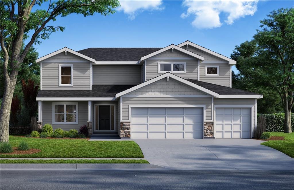 16772 S Twilight Ln, Olathe, KS 66062 - craftsman house featuring concrete driveway, a front lawn, a shingled roof, an attached garage, and stone siding