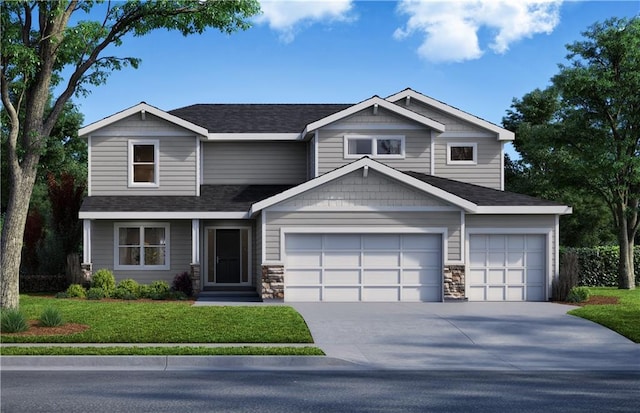 16772 S Twilight Ln, Olathe, KS 66062 - craftsman house featuring concrete driveway, a front lawn, a shingled roof, an attached garage, and stone siding