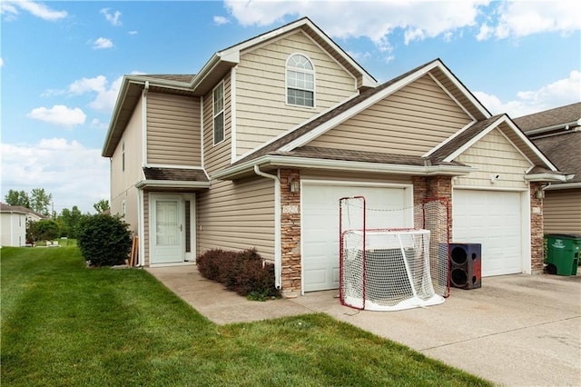 820 Peach Tree Ln, Blue Springs, MO 64064 - traditional-style house with driveway, a front lawn, an attached garage, stone siding, and roof with shingles