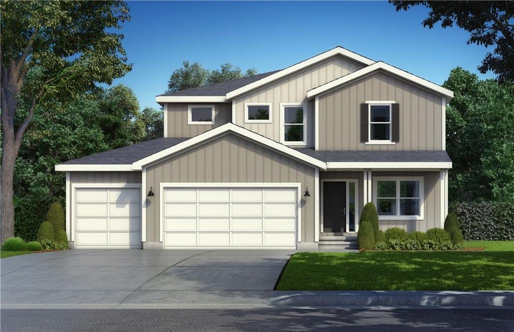 16716 S Twilight Ln, Olathe, KS 66062 - view of front of home with concrete driveway, a shingled roof, a front yard, a garage, and board and batten siding