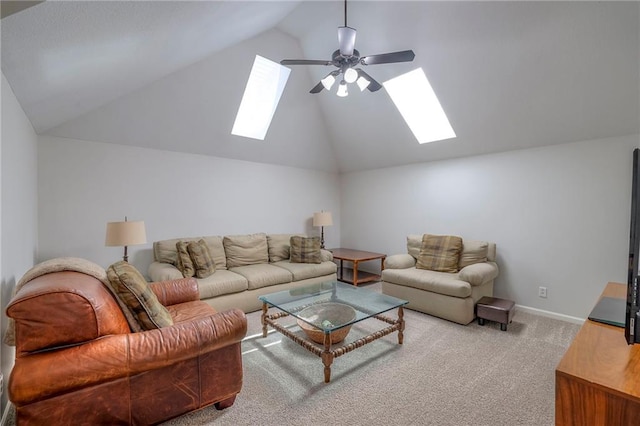 3013 S Granite Ave, Blue Springs, MO 64015 - carpeted living room with a skylight, vaulted ceiling, and ceiling fan