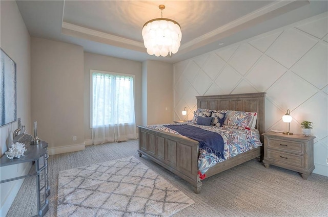 7736 N Donnelly Ave, Kansas City, MO 64158 - carpeted bedroom with a raised ceiling, a chandelier, and crown molding