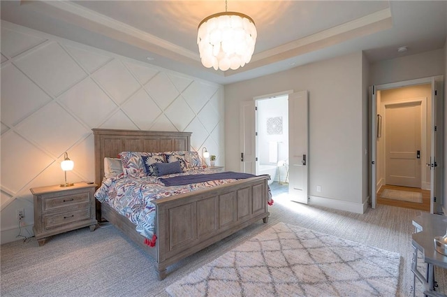 7736 N Donnelly Ave, Kansas City, MO 64158 - bedroom with a chandelier, light carpet, ornamental molding, a decorative wall, and a raised ceiling