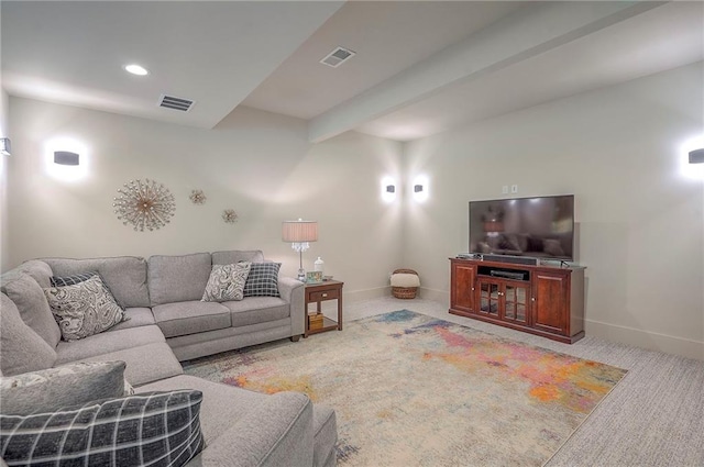 7736 N Donnelly Ave, Kansas City, MO 64158 - carpeted living area featuring beamed ceiling and recessed lighting
