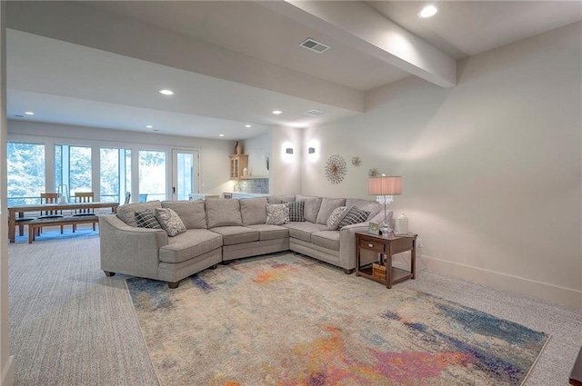 7736 N Donnelly Ave, Kansas City, MO 64158 - carpeted living area featuring recessed lighting and beam ceiling