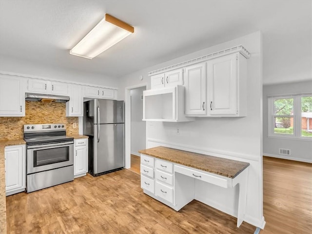 3717 S Hocker St, Independence, MO 64055 - kitchen featuring appliances with stainless steel finishes, under cabinet range hood, open shelves, light wood-style flooring, and white cabinets