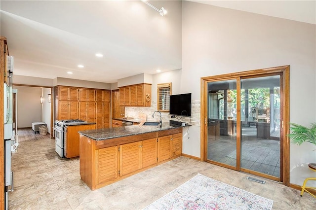11909 Goddard St, Overland Park, KS 66213 - kitchen featuring appliances with stainless steel finishes, a peninsula, brown cabinetry, tasteful backsplash, and dark stone countertops