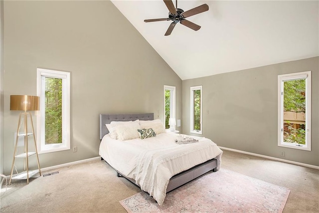 11909 Goddard St, Overland Park, KS 66213 - bedroom with high vaulted ceiling, carpet floors, and a ceiling fan