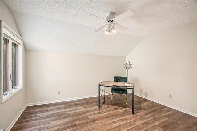 11909 Goddard St, Overland Park, KS 66213 - unfurnished office featuring lofted ceiling, wood finished floors, a textured ceiling, and a ceiling fan