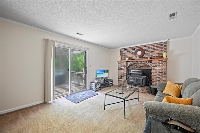 1621 Vilas St, Leavenworth, KS 66048 - living room with a wood stove, crown molding, carpet floors, and a textured ceiling