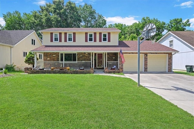 1621 Vilas St, Leavenworth, KS 66048 - traditional home featuring a porch, a garage, brick siding, concrete driveway, and a front lawn