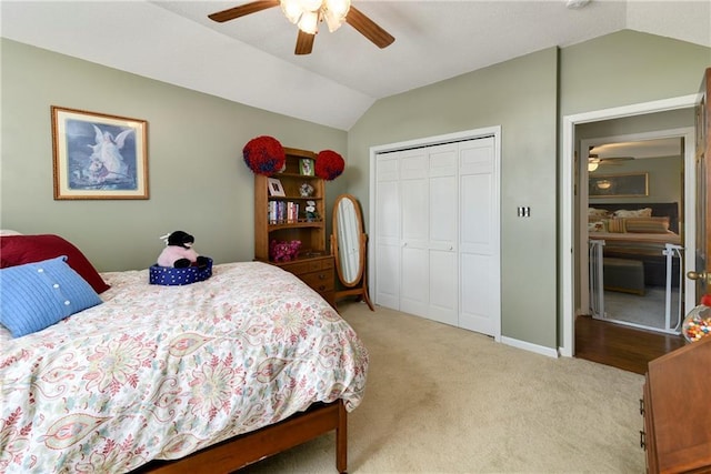 407 Maple Ct, Lansing, KS 66043 - bedroom with vaulted ceiling, light carpet, a closet, and ceiling fan