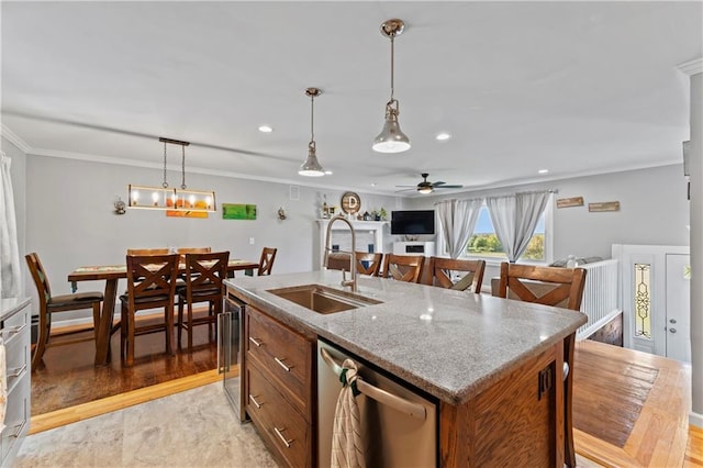 10708 E 301st St, Drexel, MO 64742 - kitchen with stainless steel dishwasher, ornamental molding, beverage cooler, hanging light fixtures, and ceiling fan