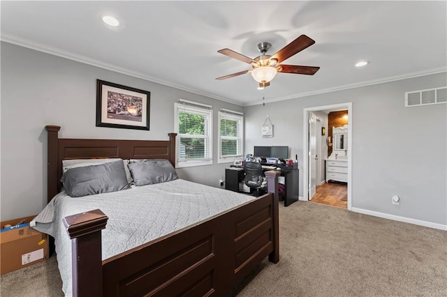10708 E 301st St, Drexel, MO 64742 - bedroom featuring light colored carpet, crown molding, a desk, recessed lighting, and ensuite bath
