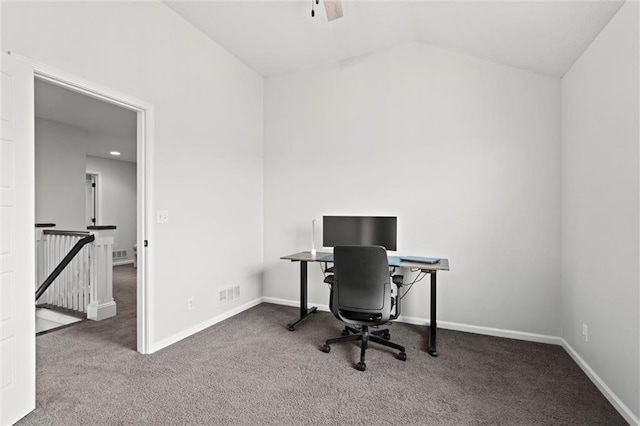 24957 W 98th St, Lenexa, KS 66227 - home office with carpet flooring, vaulted ceiling, and ceiling fan