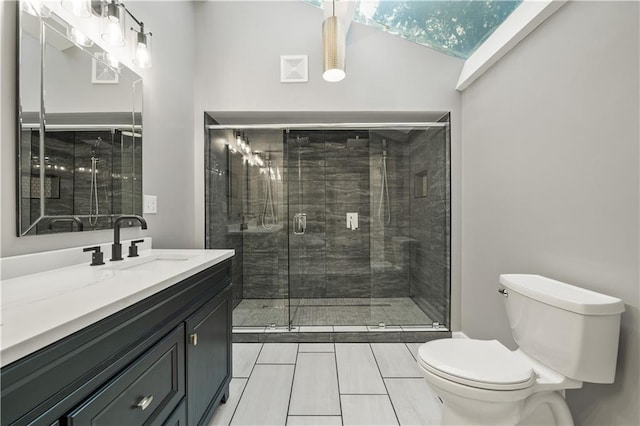 4301 W 74th St, Prairie Village, KS 66208 - bathroom with vanity, a stall shower, and tile patterned flooring