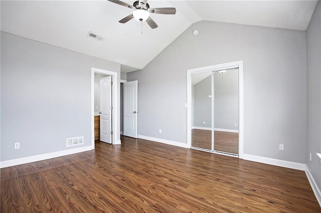 904 SW Peach Tree Ln, Blue Springs, MO 64064 - unfurnished bedroom featuring vaulted ceiling, wood finished floors, ceiling fan, and a closet