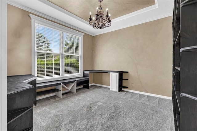 895 N Diane Dr, Olathe, KS 66061 - unfurnished office featuring a chandelier, carpet floors, a tray ceiling, and ornamental molding