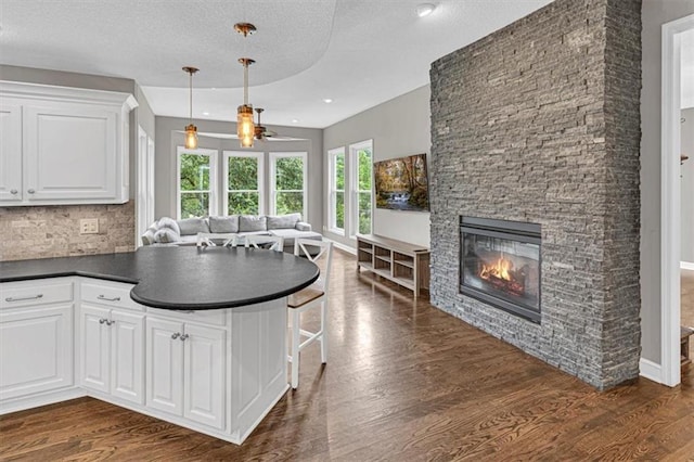 14440 W 187th Ter, Olathe, KS 66062 - kitchen featuring dark countertops, open floor plan, dark wood-style floors, a stone fireplace, and a peninsula