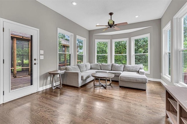 14440 W 187th Ter, Olathe, KS 66062 - living area featuring wood finished floors, recessed lighting, and ceiling fan