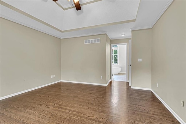 14440 W 187th Ter, Olathe, KS 66062 - unfurnished room featuring ceiling fan, dark wood-style floors, and ornamental molding