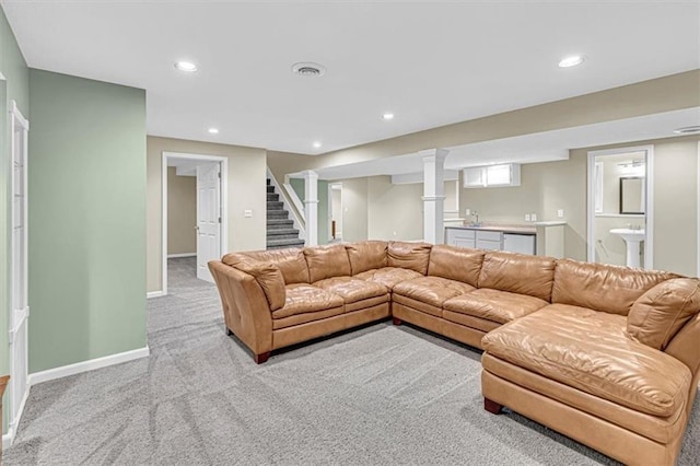 14440 W 187th Ter, Olathe, KS 66062 - living room with light colored carpet, stairs, and recessed lighting