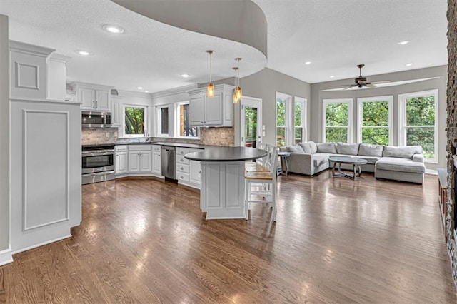 14440 W 187th Ter, Olathe, KS 66062 - kitchen with stainless steel appliances, a peninsula, plenty of natural light, backsplash, and a textured ceiling