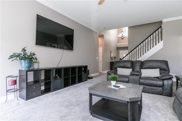 1503 Wrangler Way, Raymore, MO 64083 - living room with carpet floors, ornamental molding, stairway, and a chandelier
