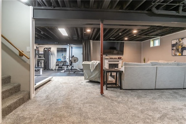1503 Wrangler Way, Raymore, MO 64083 - basement featuring stairway and carpet flooring